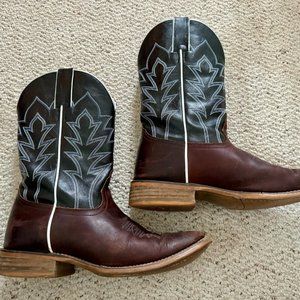 Nocona brown & black leather square toe Western cowboy boots, men's size 9D